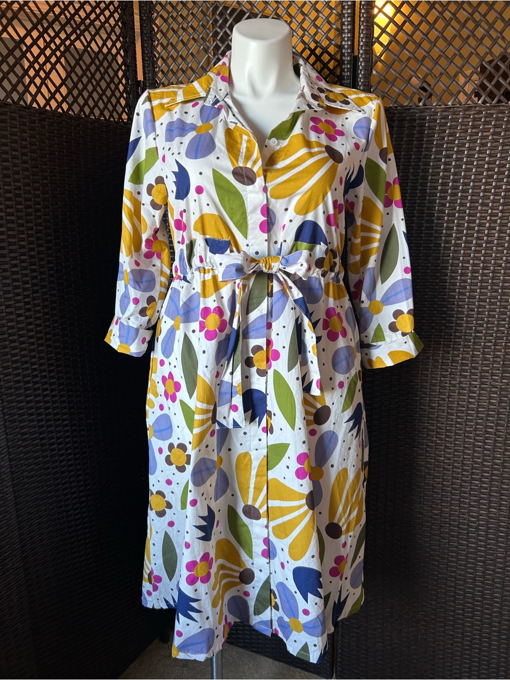 Multicolor Floral Midi Shirt Dress with Self-Tie Waist